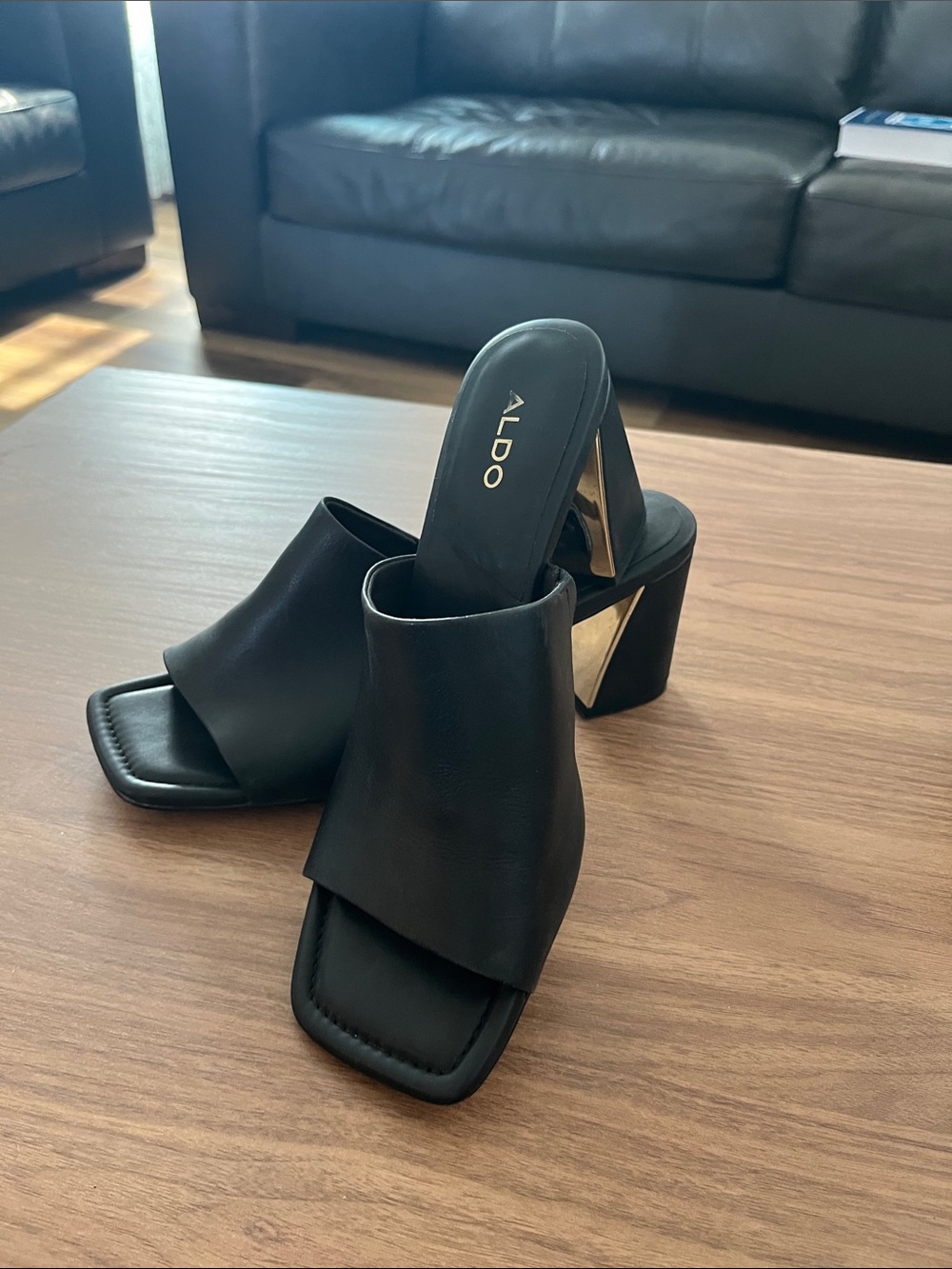 Aldo Black Leather Square-Toe Block Heel Mules with Gold Accent